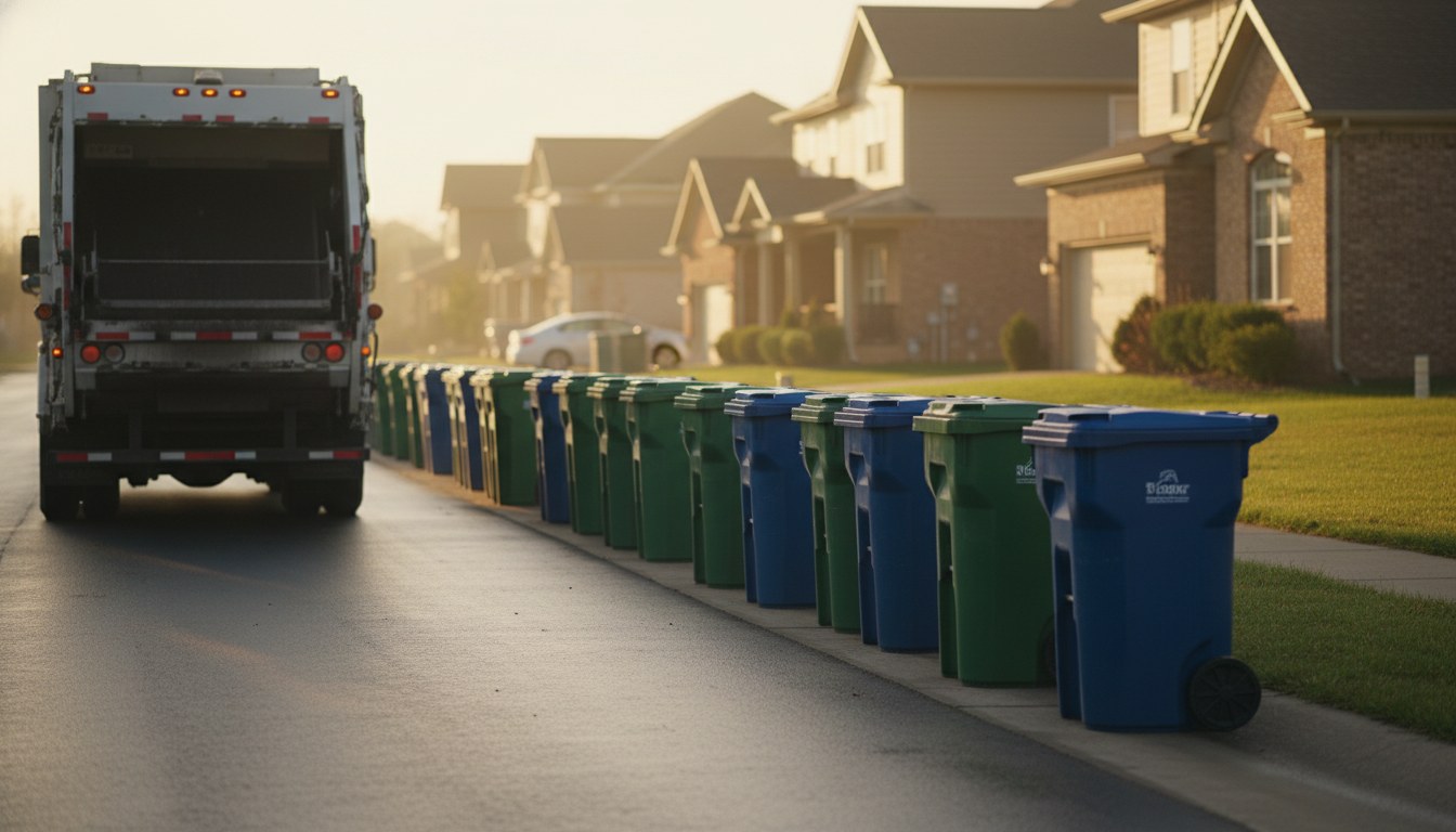Suburban subdivision street with green and blue curbside bins and an approaching collection truck